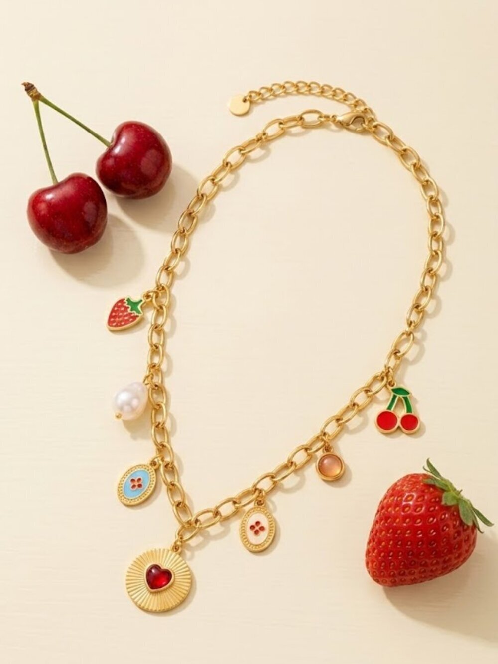 18K Gold Plated Stainless Steel Fruit Charm Faux Pearl Link Chain Necklace Y2K